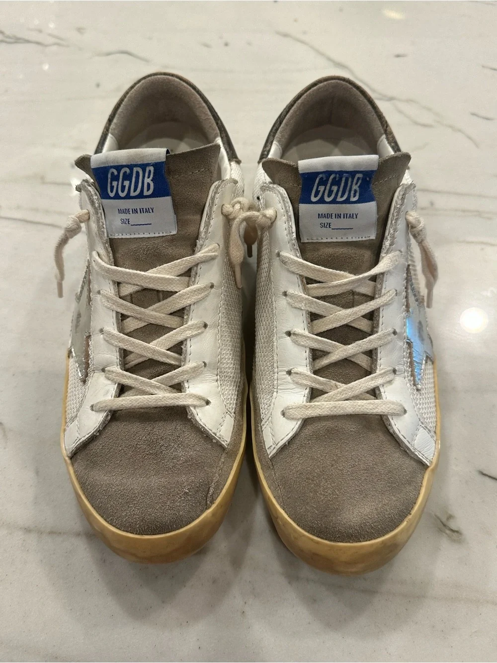 Golden Goose Super-Star Sneakers Size 37 White Silver Star Mesh Suede Toe + Box - Picture 2 of 9